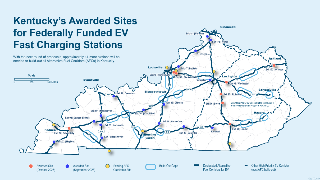 Kentucky's Awarded Sites for Federally Funded EV Fast Charging Stations